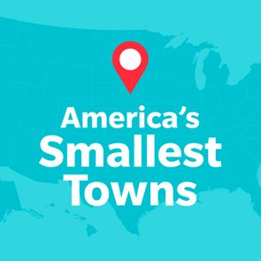 Map silhouette featuring a location pin; text reads â€œAmericaâ€™s Smallest Townsâ€ overlaid on a turquoise background.