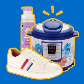 Pressure cooker displays digital controls; white sneaker sits nearby; purple bottle labeled â€œPlant-Basedâ€ stands upright; blue background frames items.