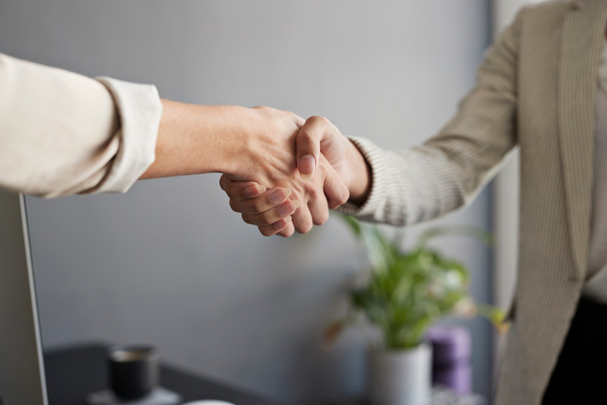 Two people shake hands indoors, with a blurred background showing a plant and a table.