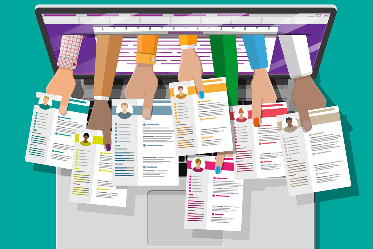 Job resume document out from laptop. Hands holding cv resume papers. Human resources management concept, searching professional staff, work. Found right resume. Vector illustration in flat style