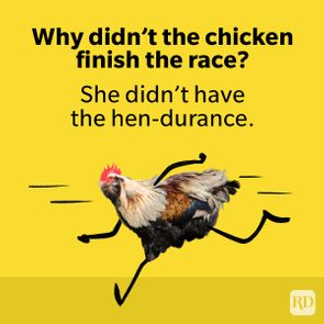 Cartoon chicken runs with blurred motion lines on yellow background, accompanied by text: 
