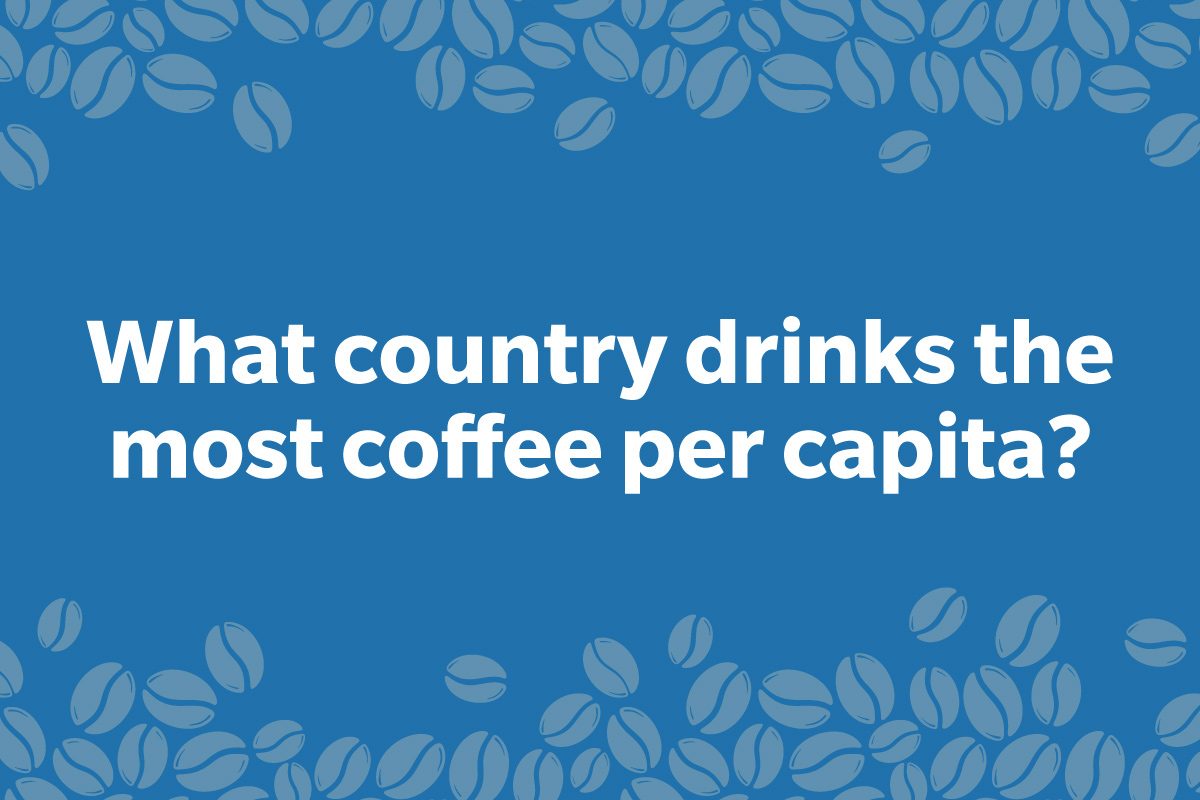 Coffee Trivia Question on a frame of coffee beans graphic dark blue