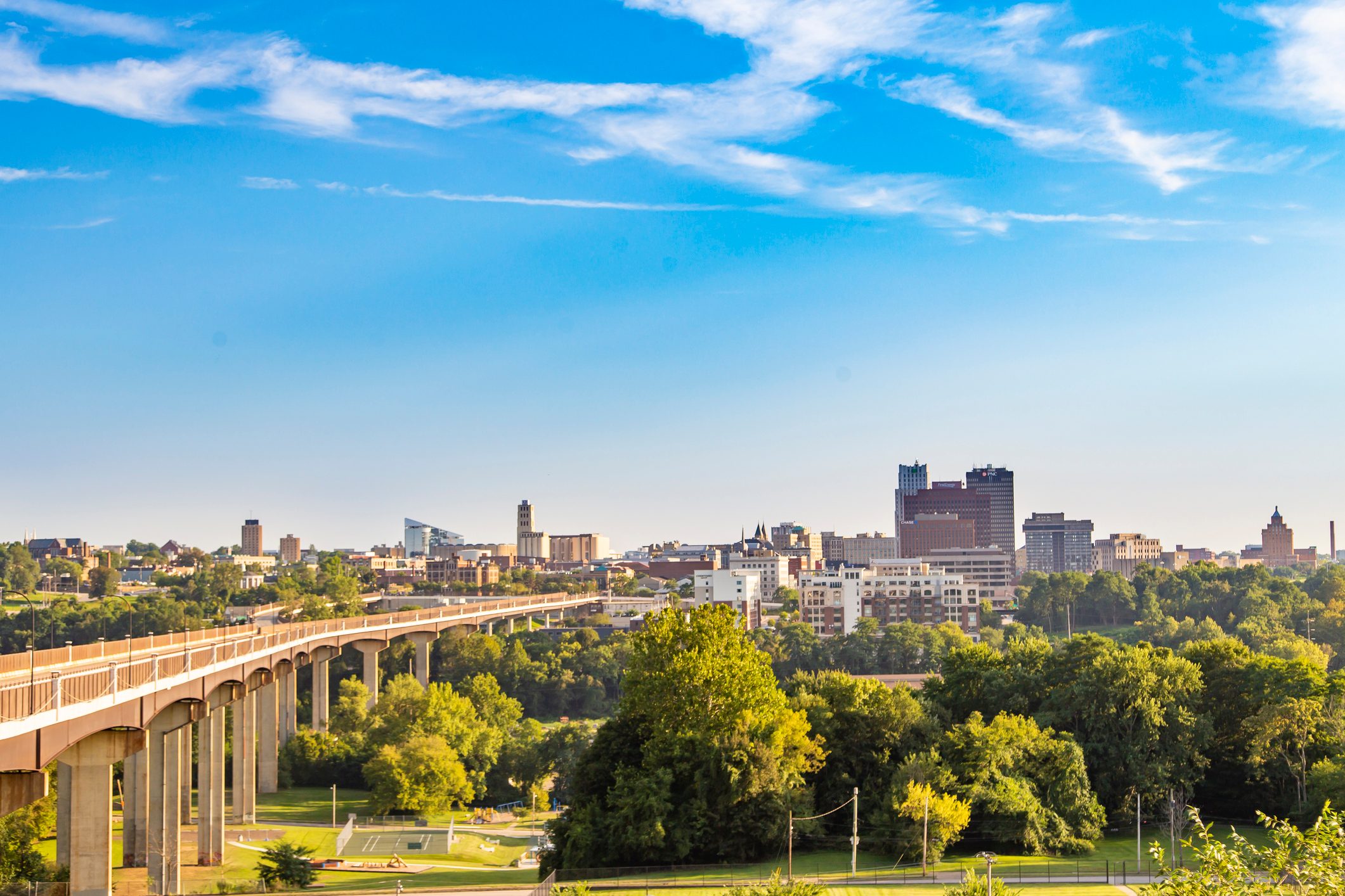 Wide shot of Akron Ohio with bridge