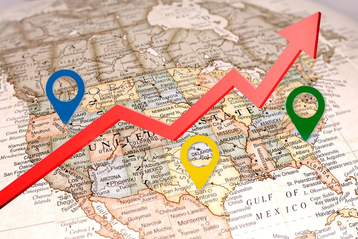 Map of the United States with three location pins and an upward trend arrow overlaid