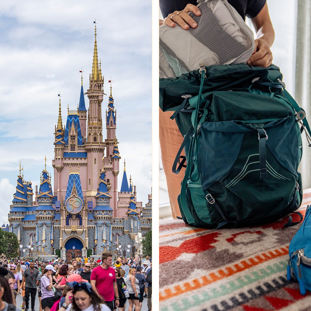 Walt Disney World and Packing backpack side by side placed